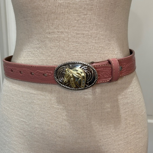 Nocona Belt Co Accessories - Nocona pink genuine leather western cowgirl belt with horse silver/gold buckle